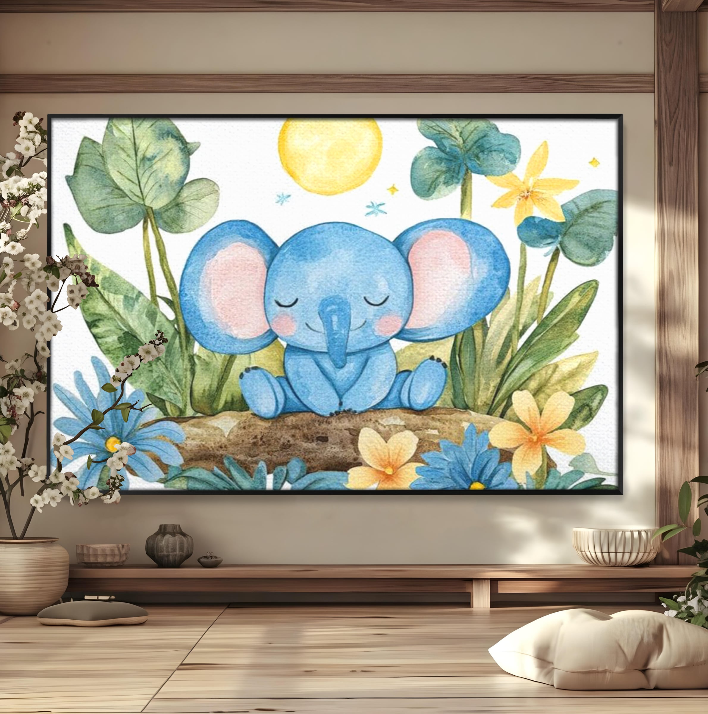 Tablou canvas cu ilustratie cu elefant albastru dormind pe o tulpina, in rama de aluminiu negru